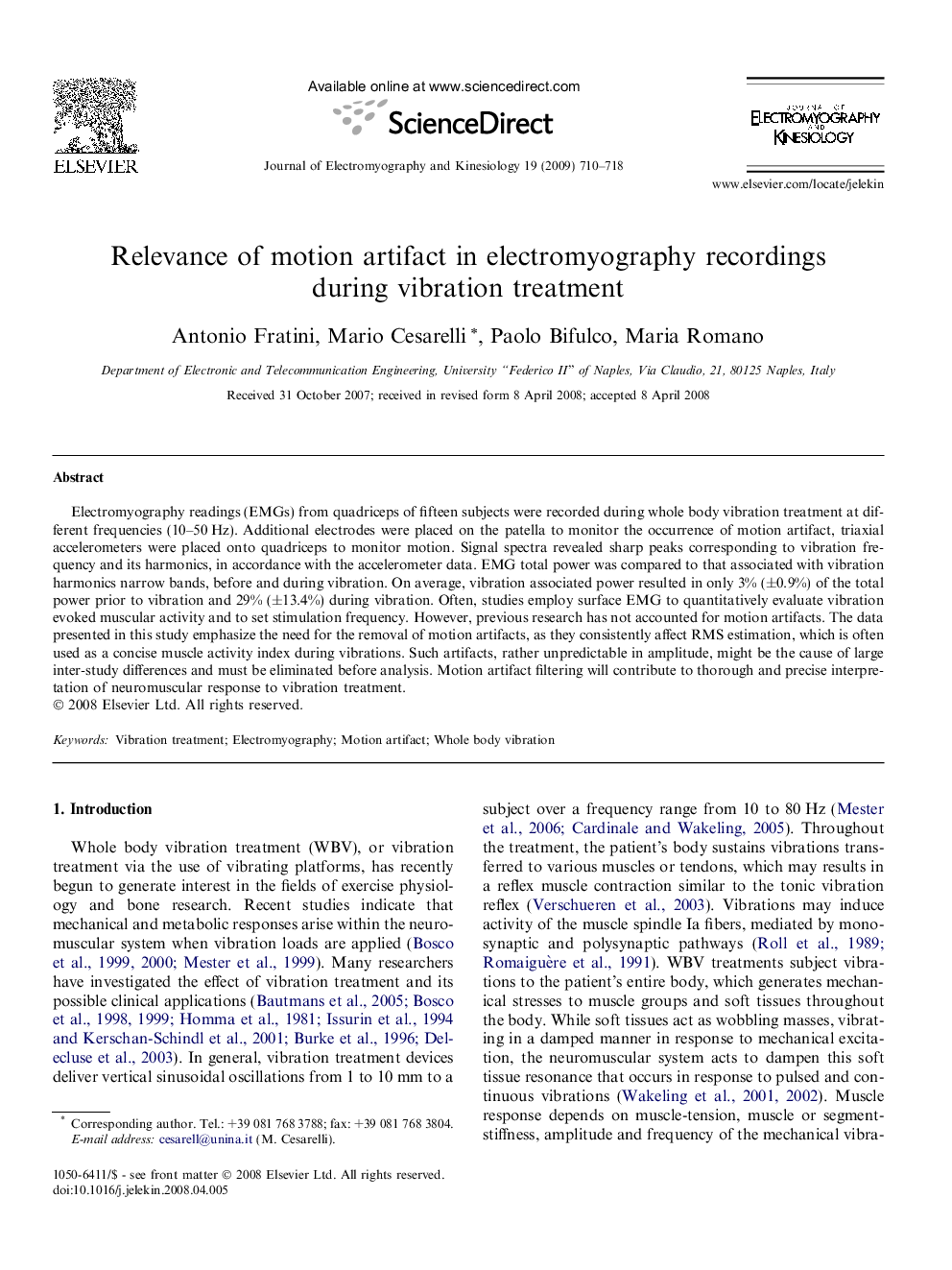 Relevance of motion artifact in electromyography recordings during vibration treatment