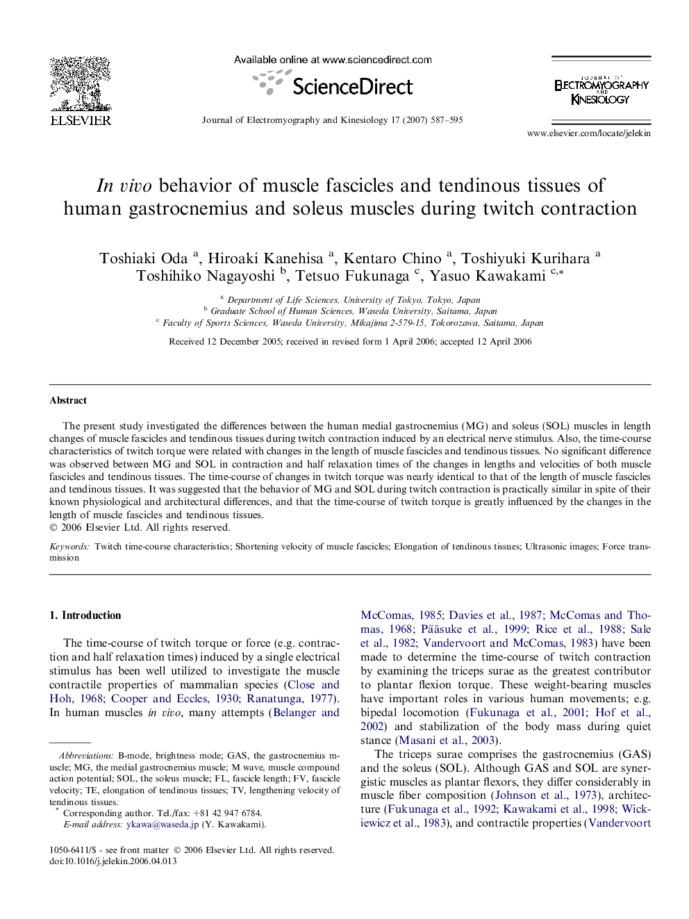 In vivo behavior of muscle fascicles and tendinous tissues of human gastrocnemius and soleus muscles during twitch contraction