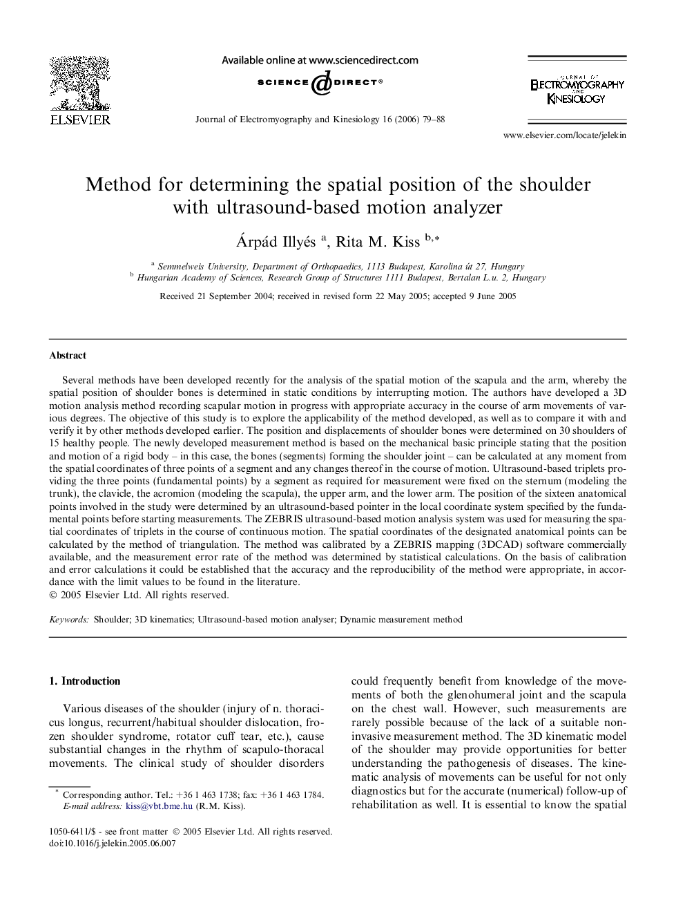 Method for determining the spatial position of the shoulder with ultrasound-based motion analyzer