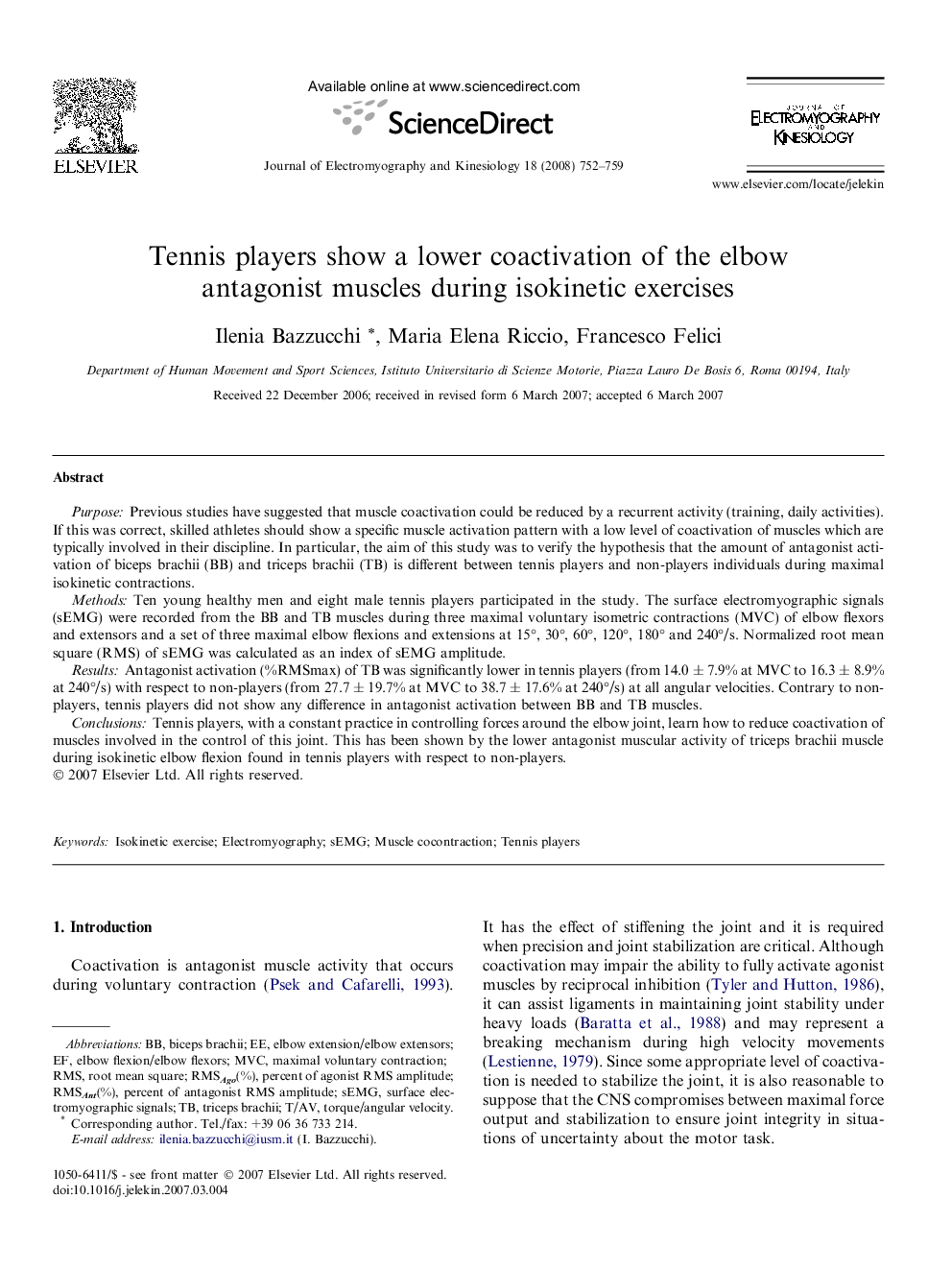 Tennis players show a lower coactivation of the elbow antagonist muscles during isokinetic exercises