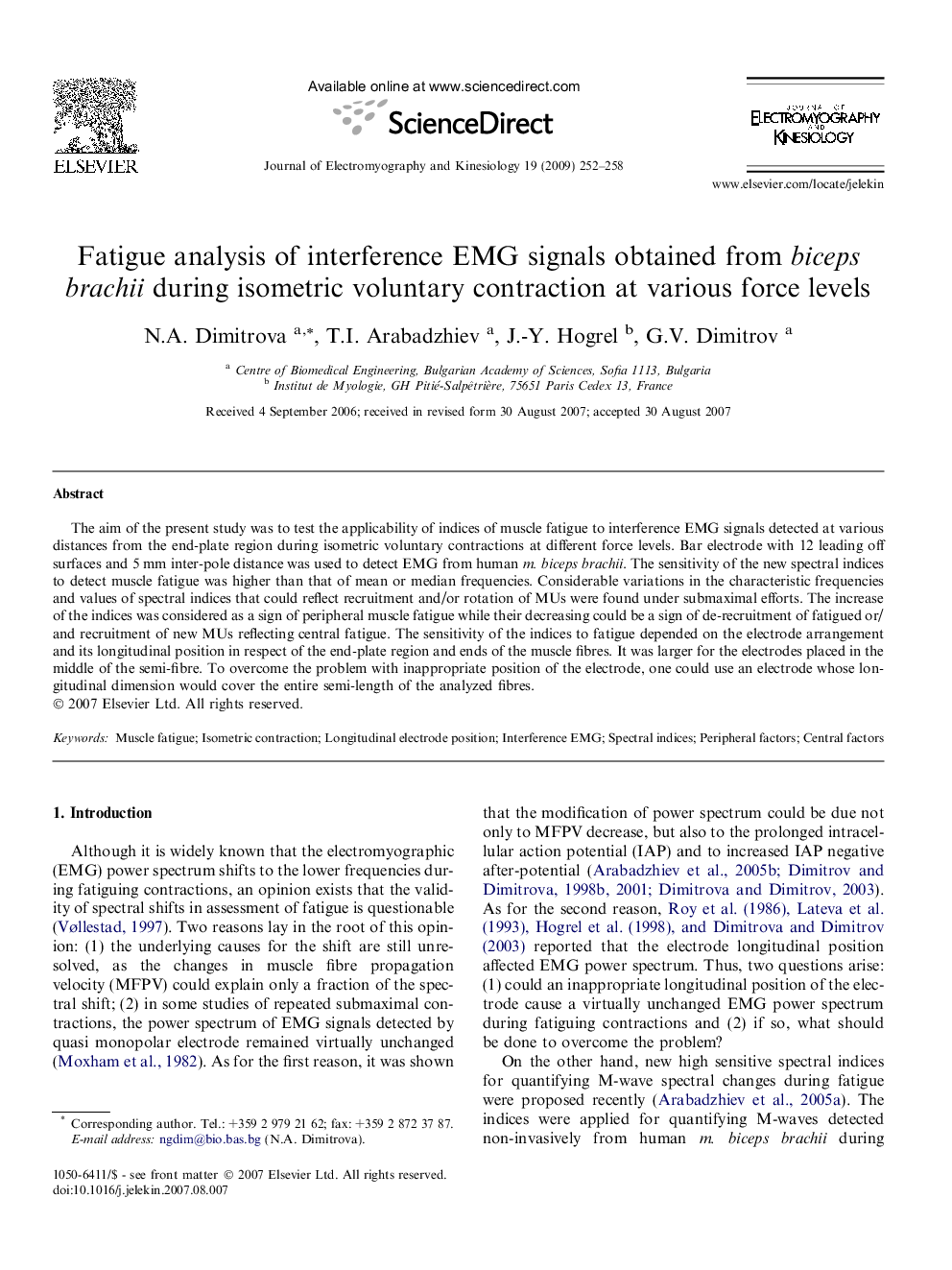 Fatigue analysis of interference EMG signals obtained from biceps brachii during isometric voluntary contraction at various force levels