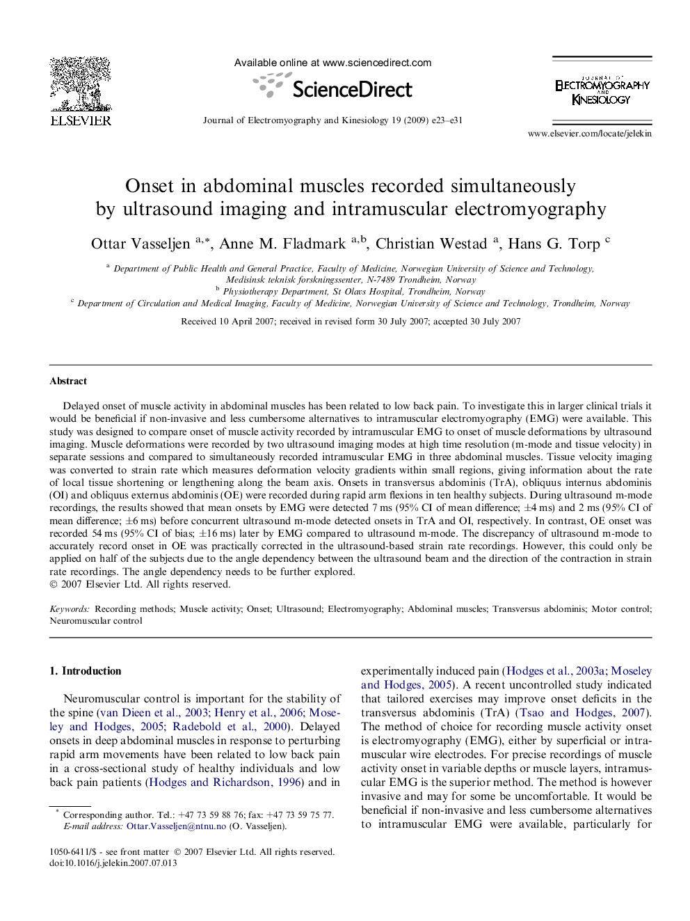 Onset in abdominal muscles recorded simultaneously by ultrasound imaging and intramuscular electromyography