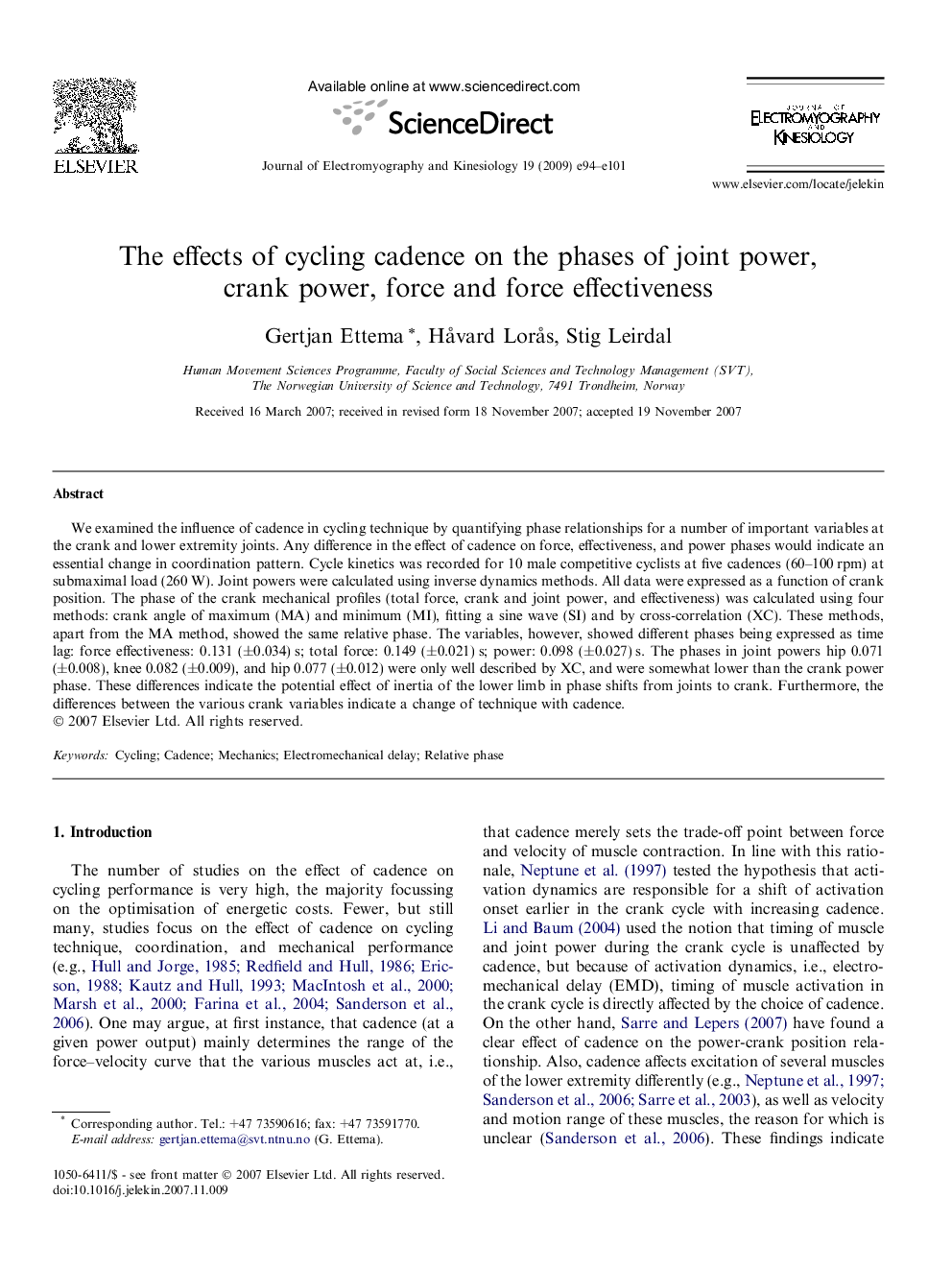 The effects of cycling cadence on the phases of joint power, crank power, force and force effectiveness