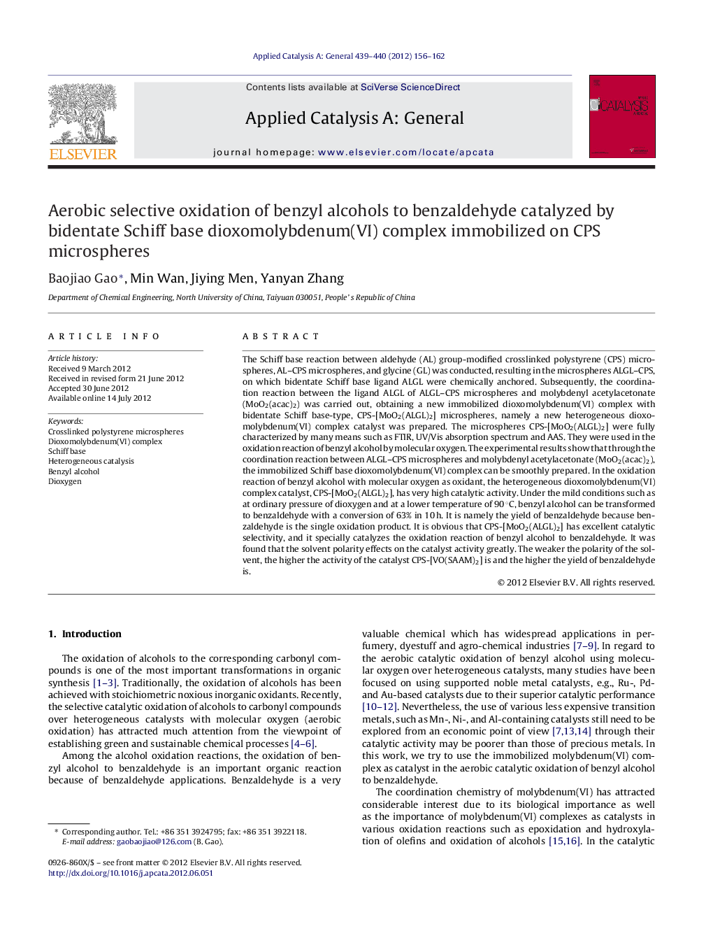 Aerobic selective oxidation of benzyl alcohols to benzaldehyde catalyzed by bidentate Schiff base dioxomolybdenum(VI) complex immobilized on CPS microspheres