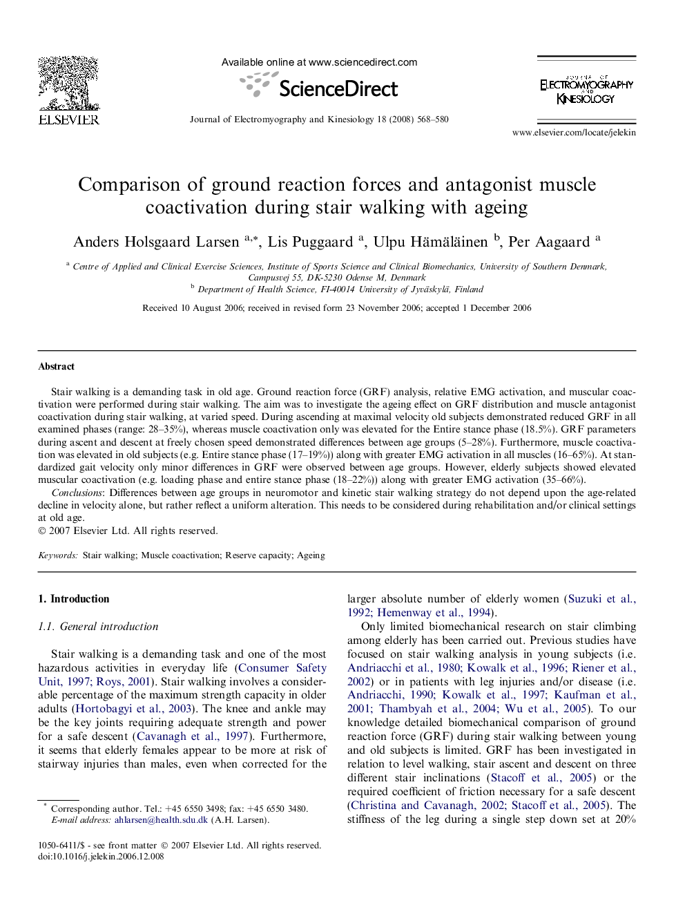 Comparison of ground reaction forces and antagonist muscle coactivation during stair walking with ageing