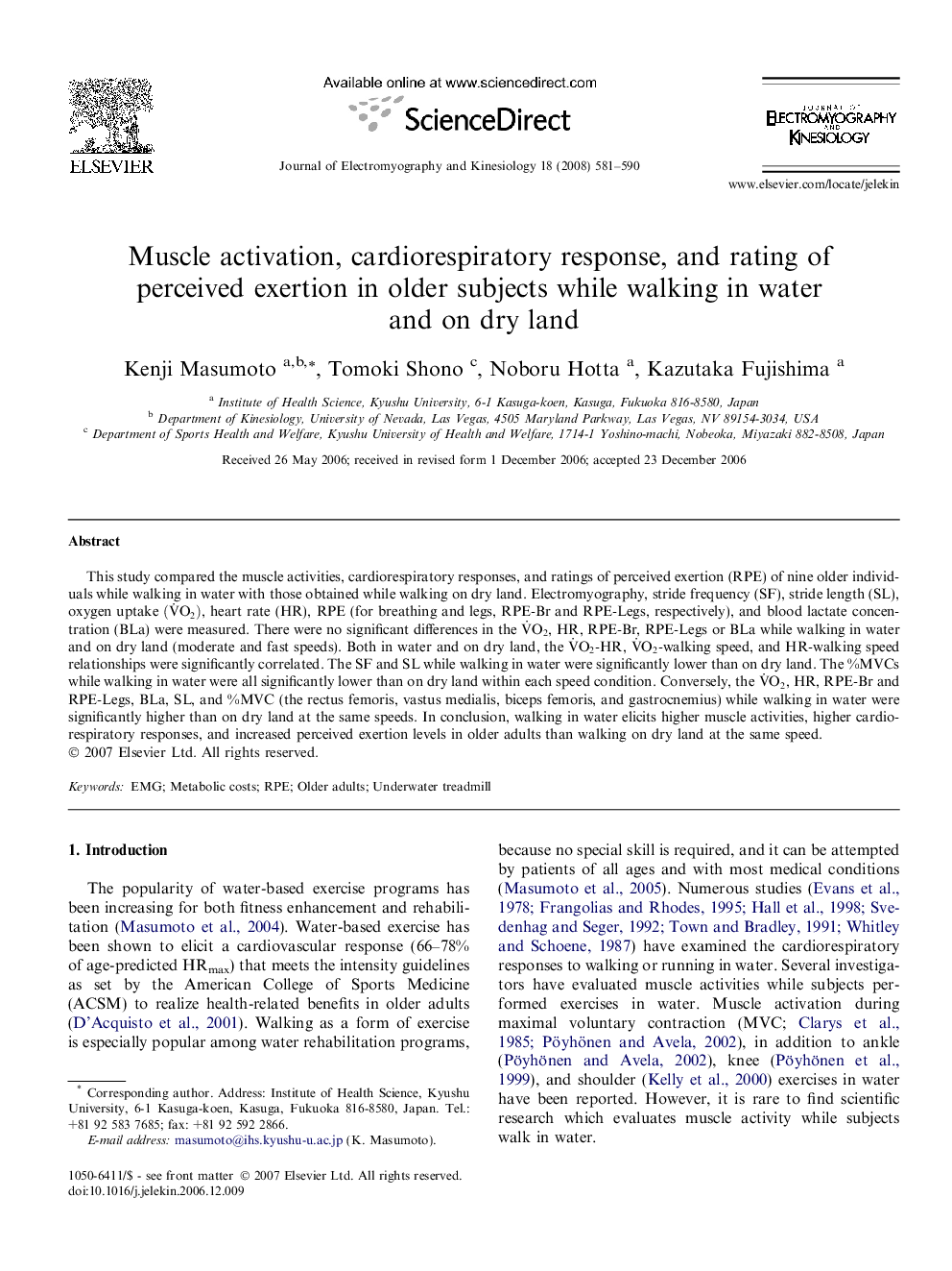 Muscle activation, cardiorespiratory response, and rating of perceived exertion in older subjects while walking in water and on dry land