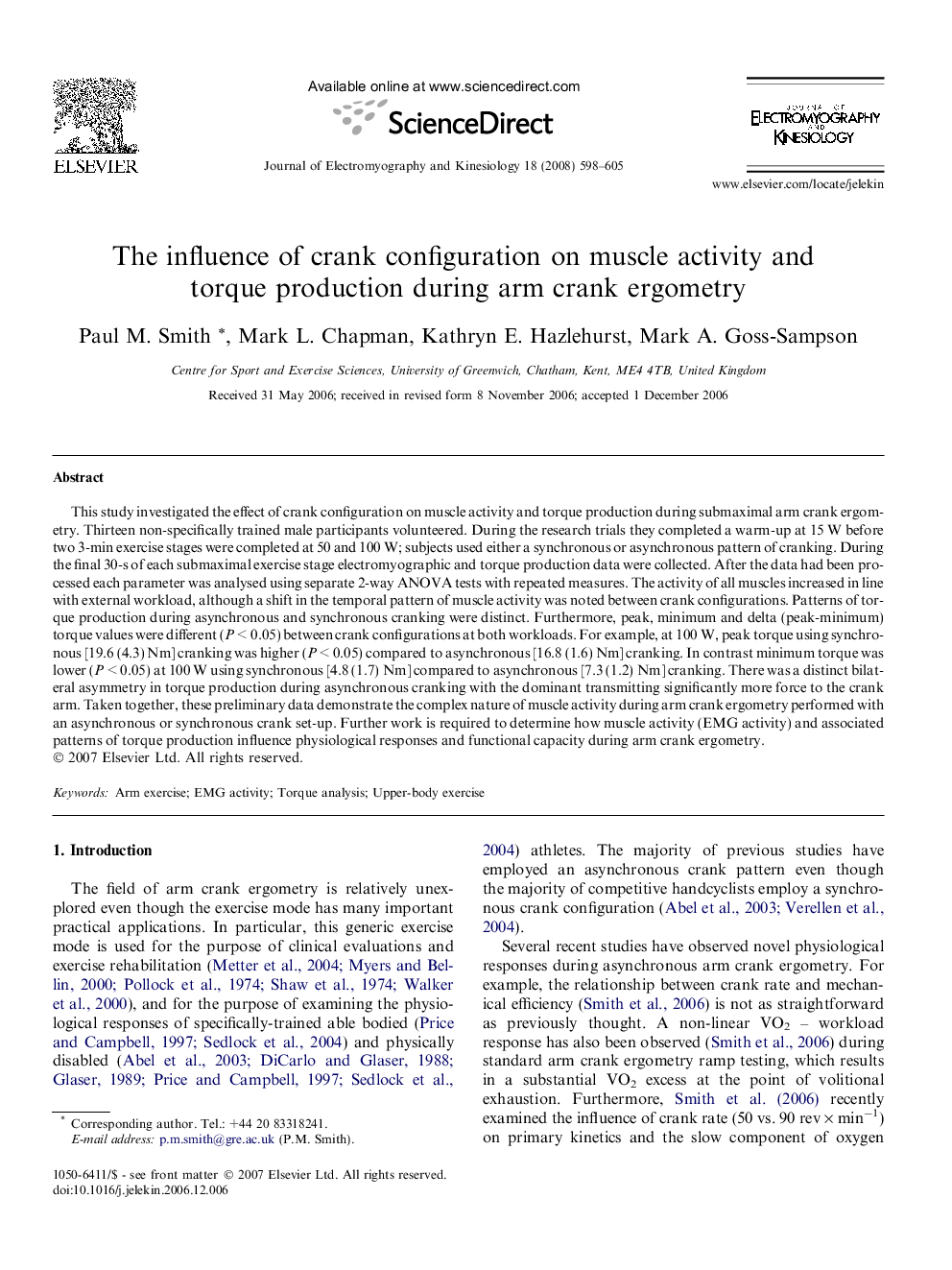 The influence of crank configuration on muscle activity and torque production during arm crank ergometry