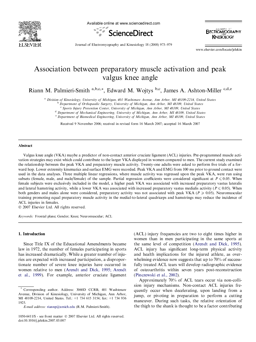 Association between preparatory muscle activation and peak valgus knee angle