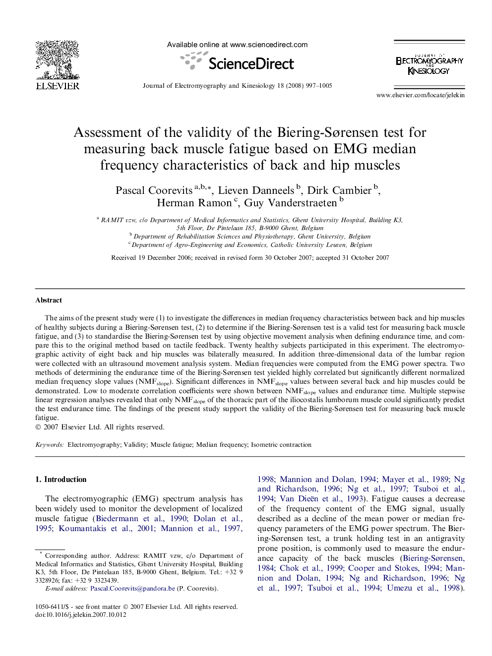 Assessment of the validity of the Biering-Sørensen test for measuring back muscle fatigue based on EMG median frequency characteristics of back and hip muscles