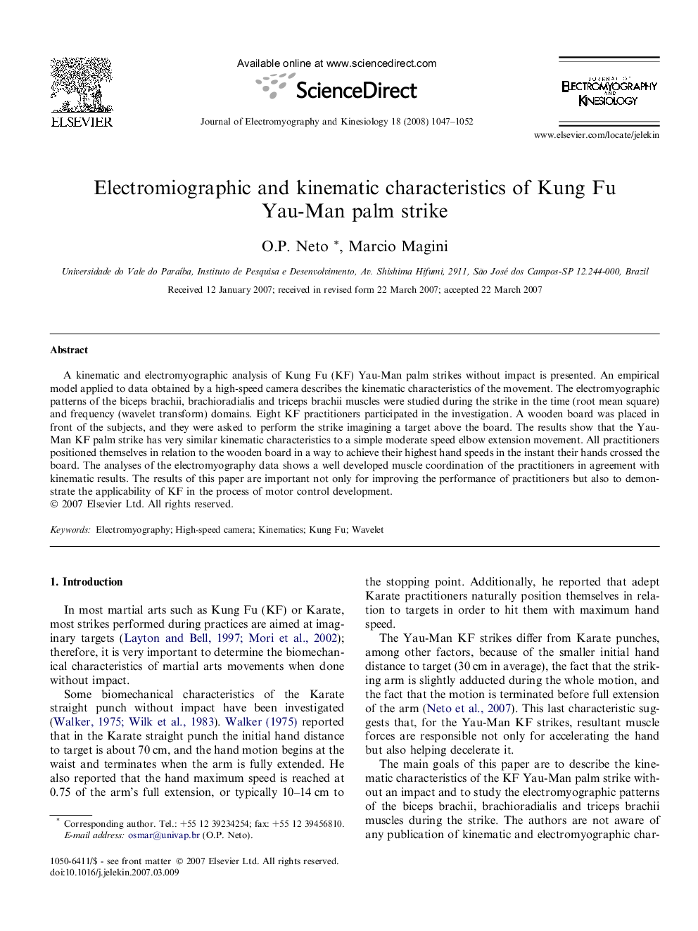 Electromiographic and kinematic characteristics of Kung Fu Yau-Man palm strike