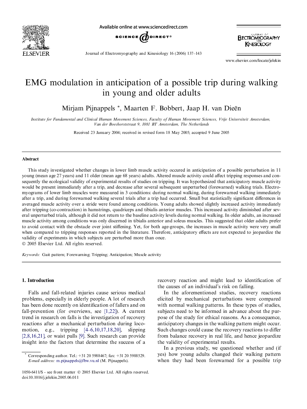 EMG modulation in anticipation of a possible trip during walking in young and older adults