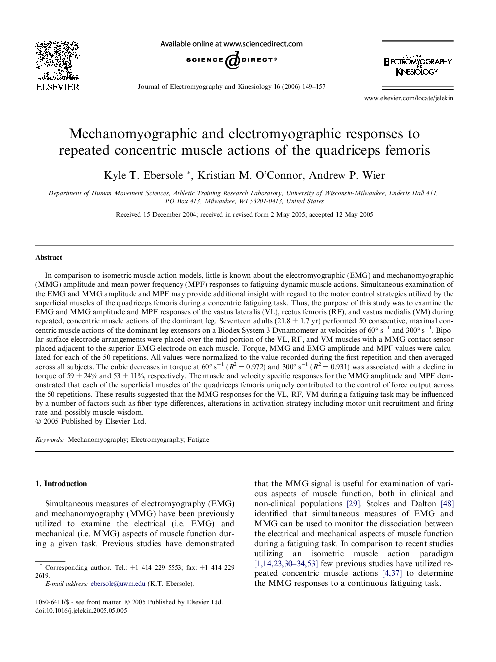 Mechanomyographic and electromyographic responses to repeated concentric muscle actions of the quadriceps femoris