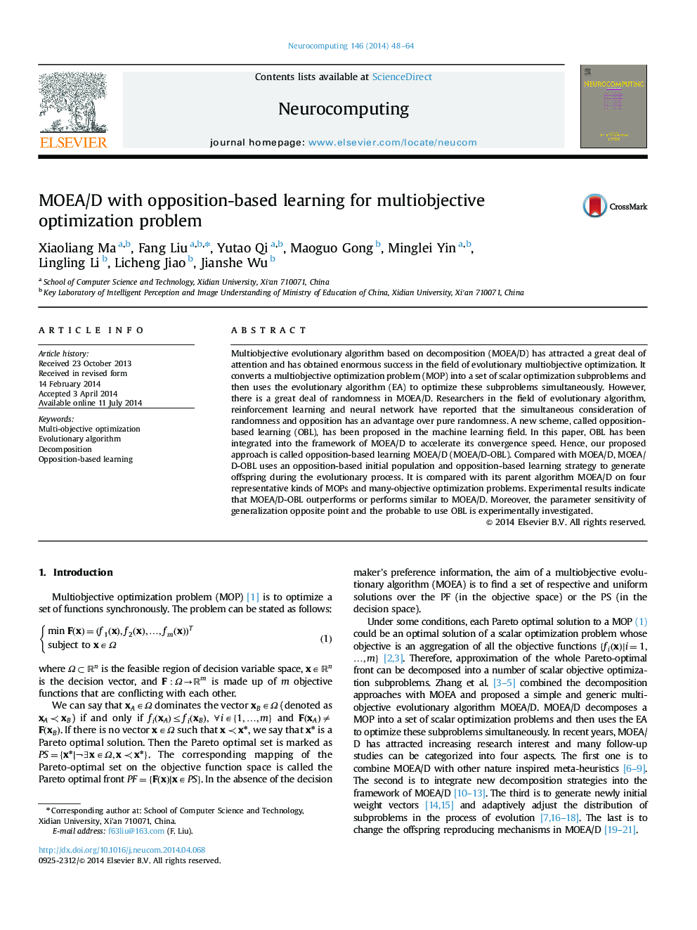 MOEA/D with opposition-based learning for multiobjective optimization problem