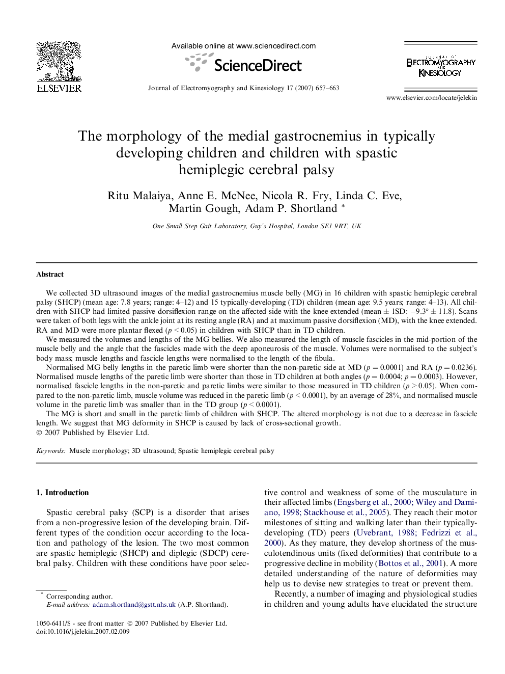 The morphology of the medial gastrocnemius in typically developing children and children with spastic hemiplegic cerebral palsy