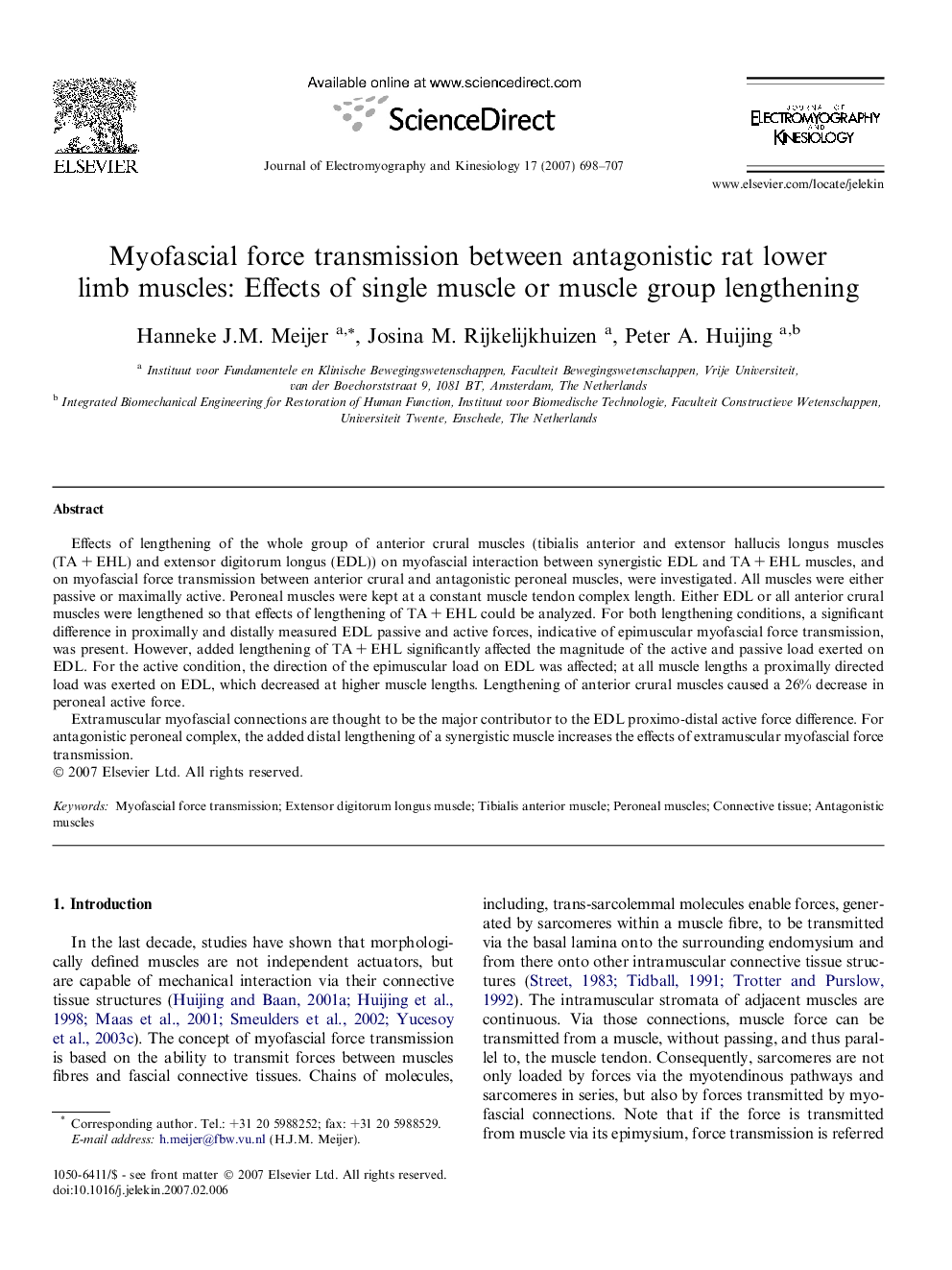 Myofascial force transmission between antagonistic rat lower limb muscles: Effects of single muscle or muscle group lengthening