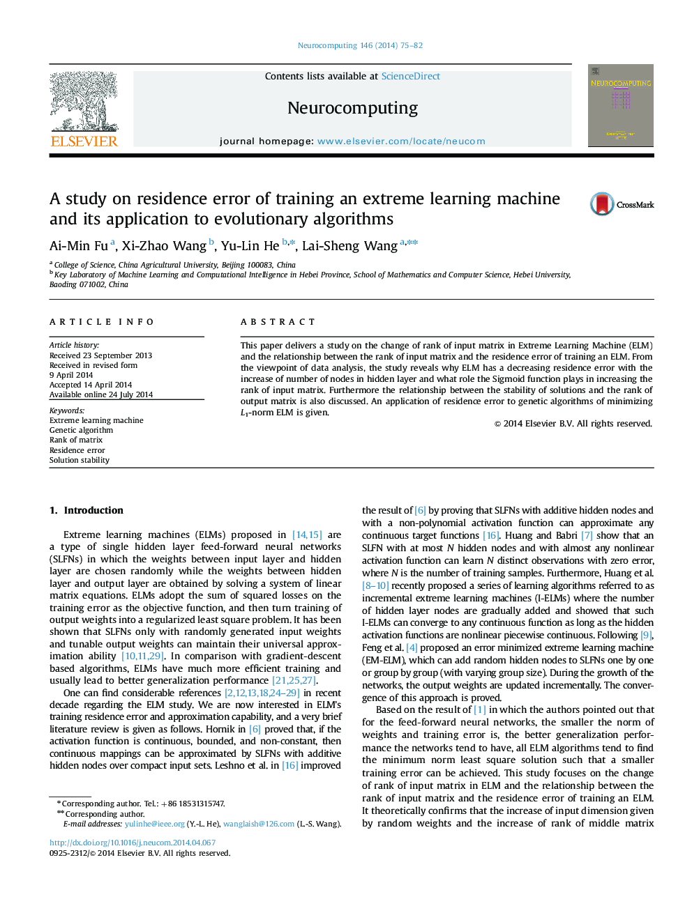 A study on residence error of training an extreme learning machine and its application to evolutionary algorithms