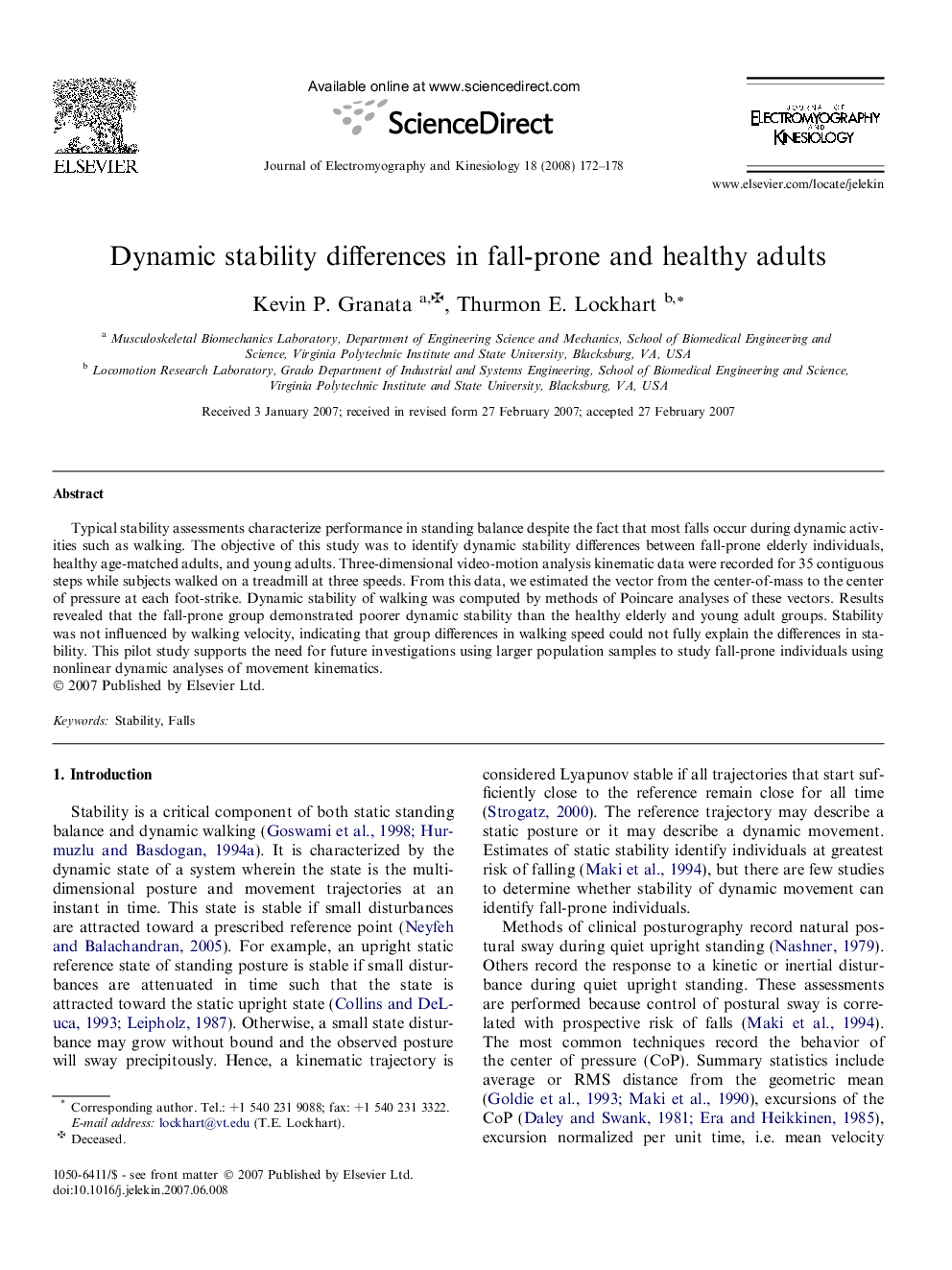 Dynamic stability differences in fall-prone and healthy adults