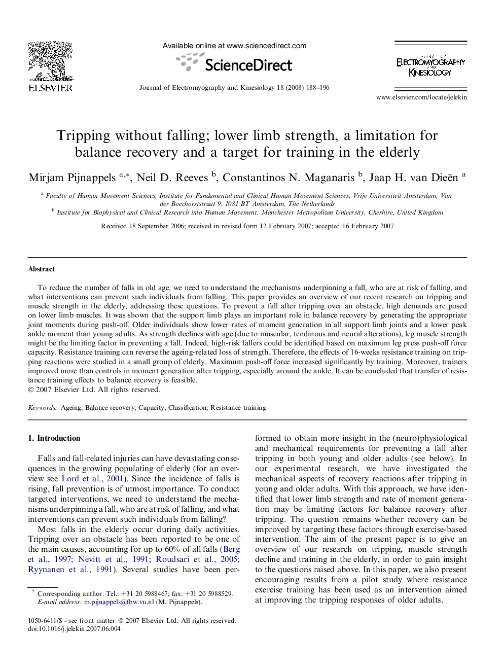 Tripping without falling; lower limb strength, a limitation for balance recovery and a target for training in the elderly