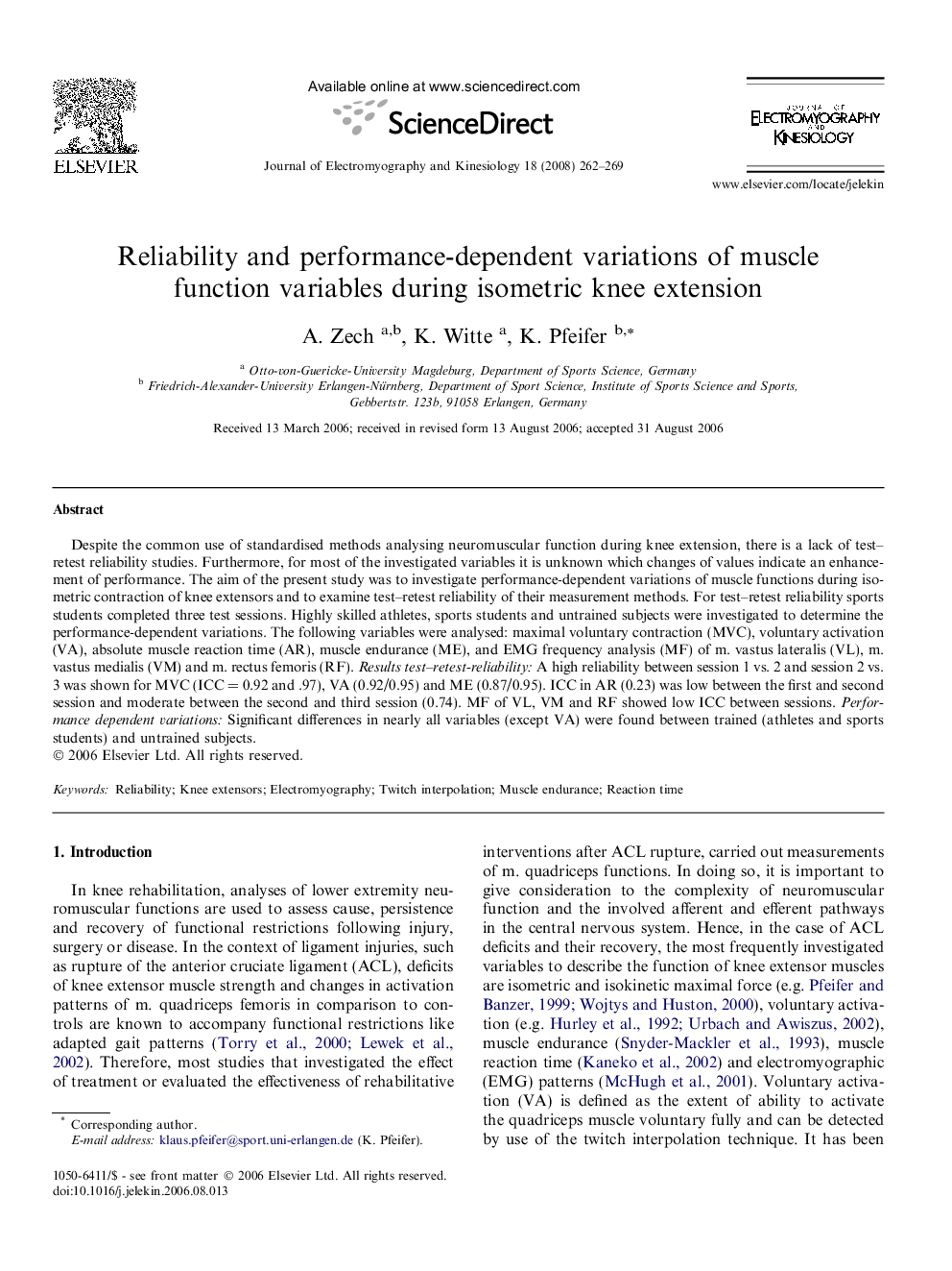 Reliability and performance-dependent variations of muscle function variables during isometric knee extension