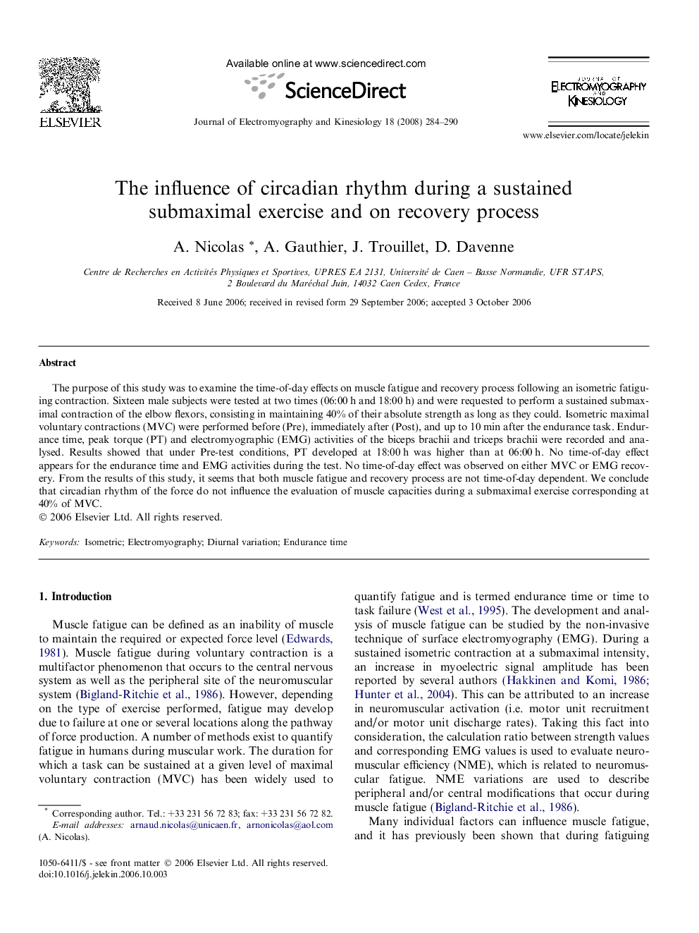 The influence of circadian rhythm during a sustained submaximal exercise and on recovery process