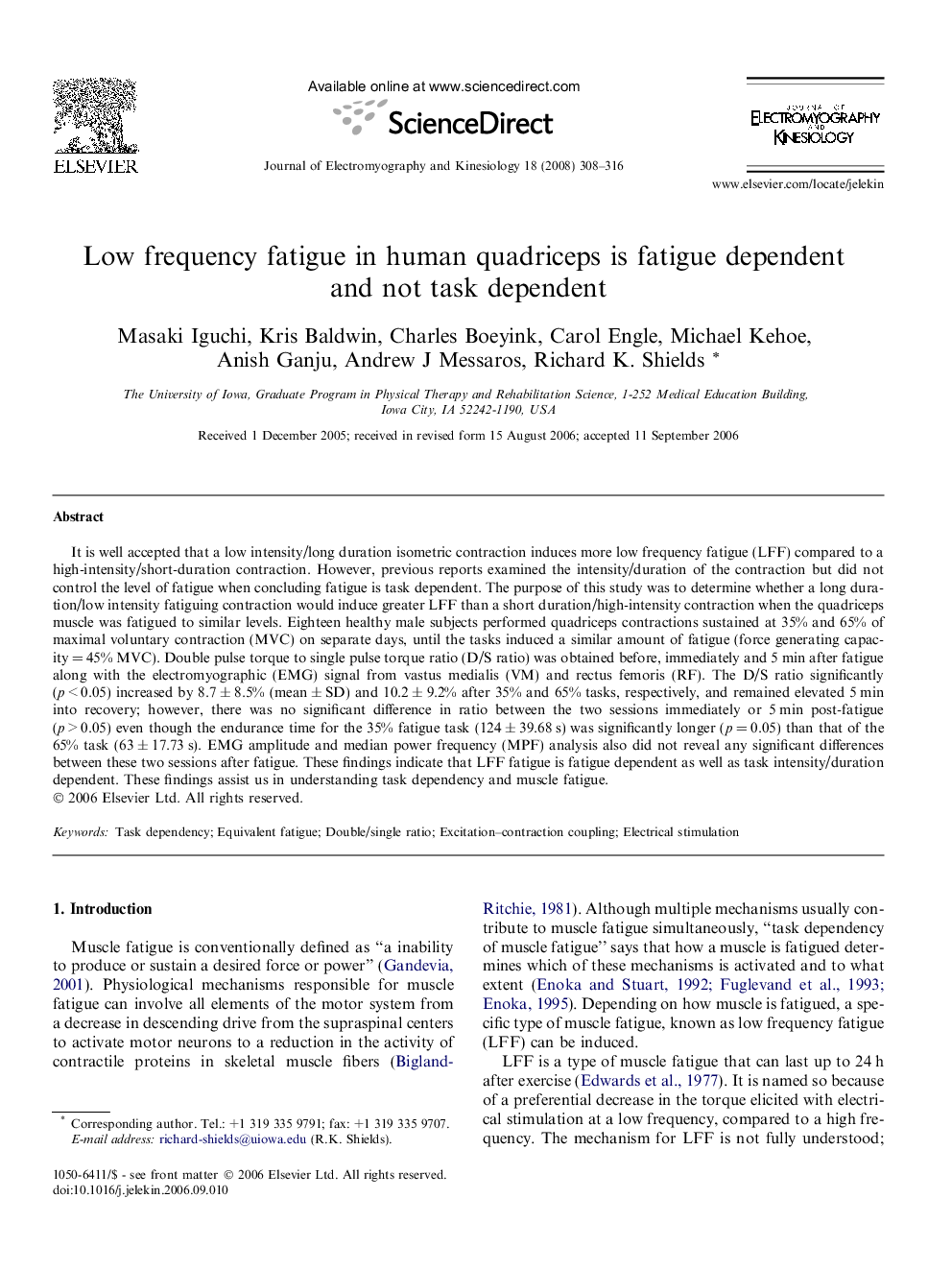 Low frequency fatigue in human quadriceps is fatigue dependent and not task dependent