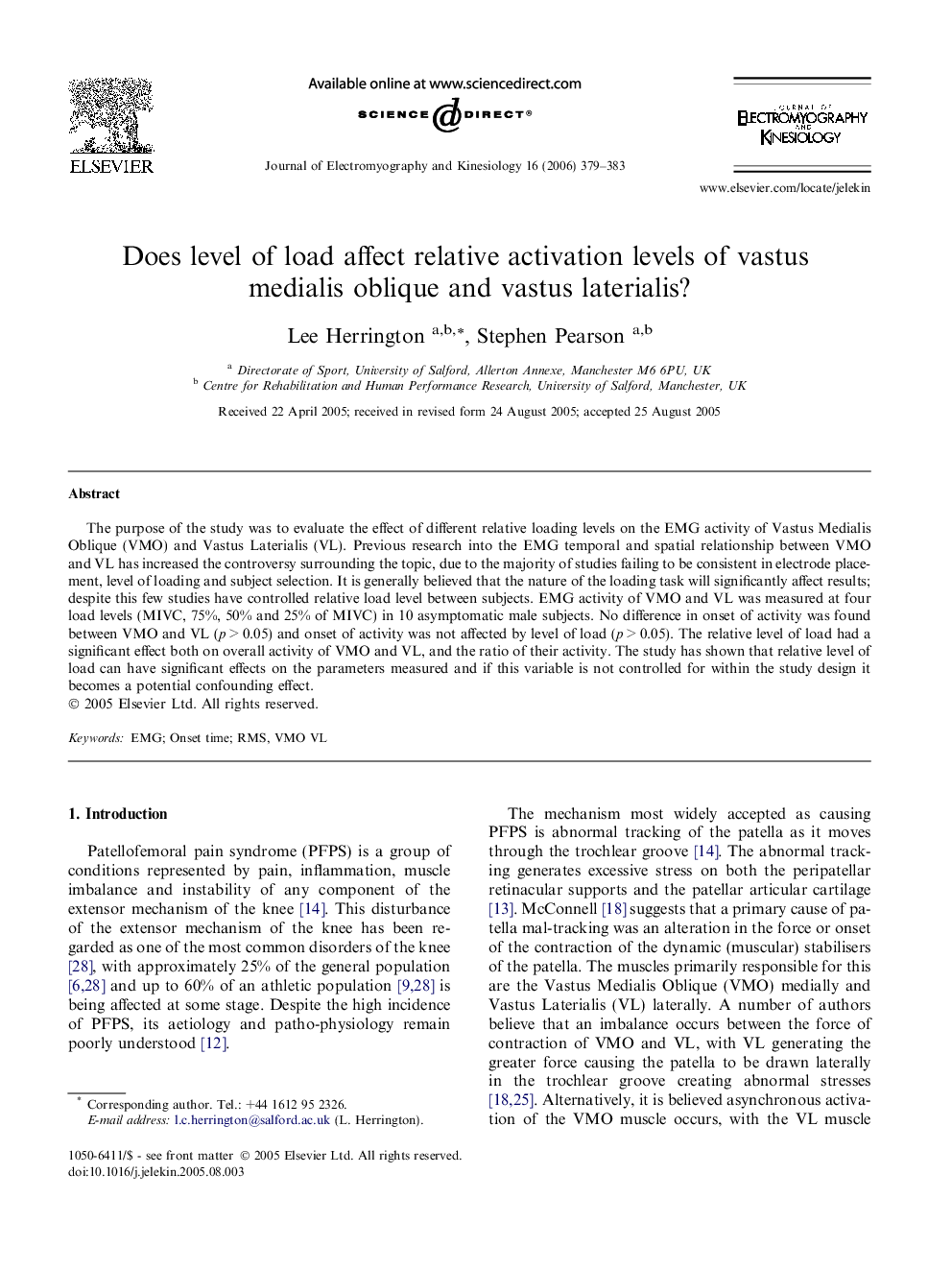 Does level of load affect relative activation levels of vastus medialis oblique and vastus laterialis?