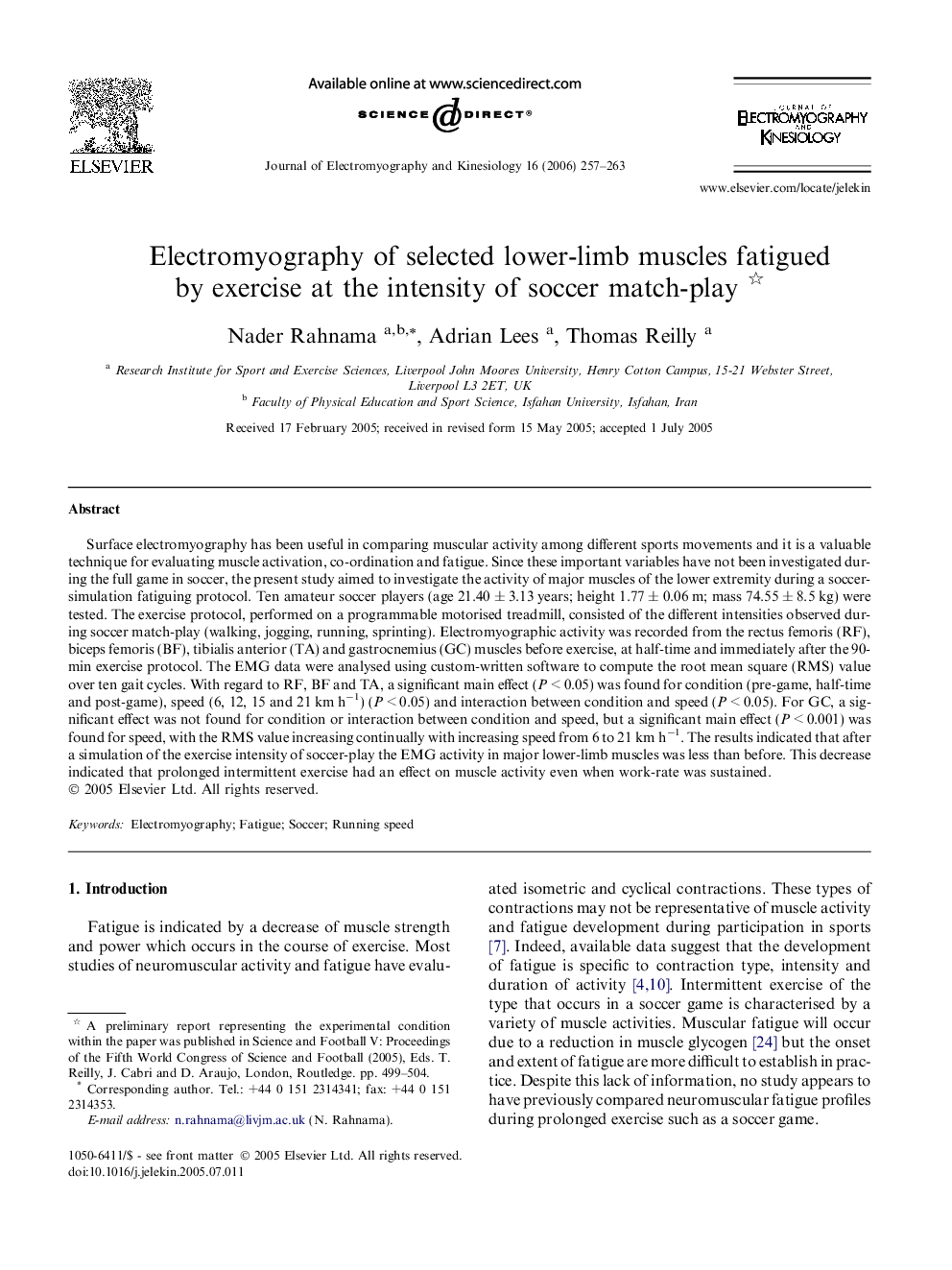 Electromyography of selected lower-limb muscles fatigued by exercise at the intensity of soccer match-play 