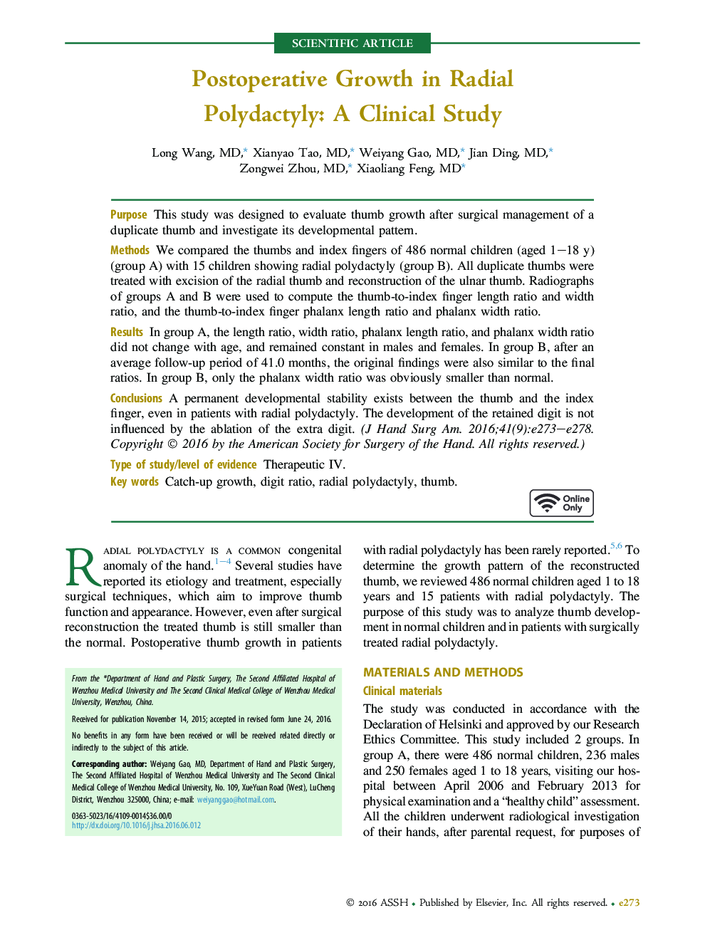 Postoperative Growth in Radial Polydactyly: A Clinical Study 