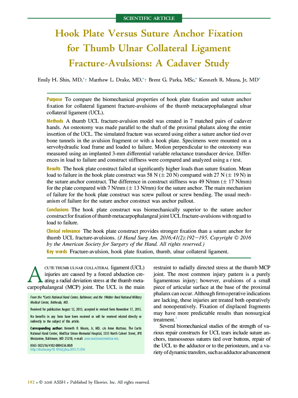 Hook Plate Versus Suture Anchor Fixation for Thumb Ulnar Collateral Ligament Fracture-Avulsions: A Cadaver Study 