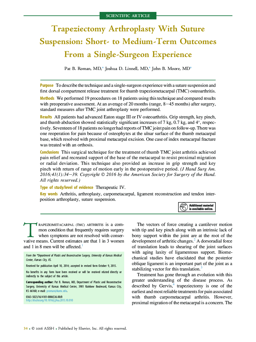 Trapeziectomy Arthroplasty With Suture Suspension: Short- to Medium-Term Outcomes From a Single-Surgeon Experience