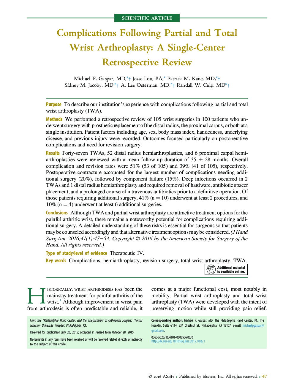 Complications Following Partial and Total WristÂ Arthroplasty: A Single-Center RetrospectiveÂ Review