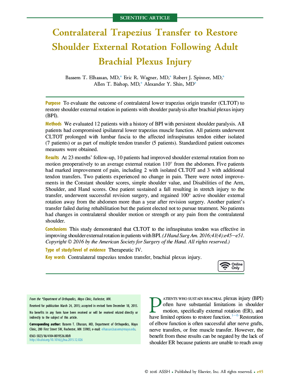 Contralateral Trapezius Transfer to Restore Shoulder External Rotation Following Adult Brachial Plexus Injury 