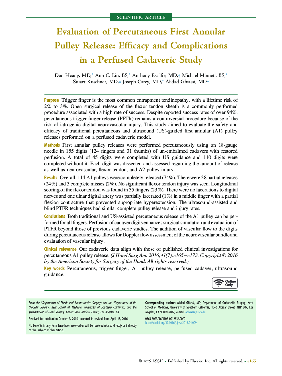 Evaluation of Percutaneous First Annular Pulley Release: Efficacy and Complications in a Perfused Cadaveric Study 