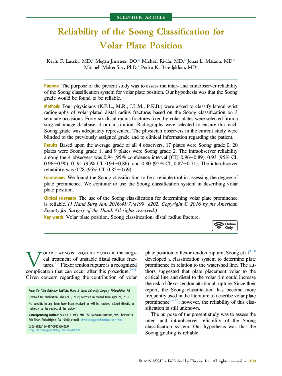 عکس صفحه اول مقاله: Reliability of the Soong Classification for Volar Plate Position Reliability of the Soong Classification for Volar Plate Position
