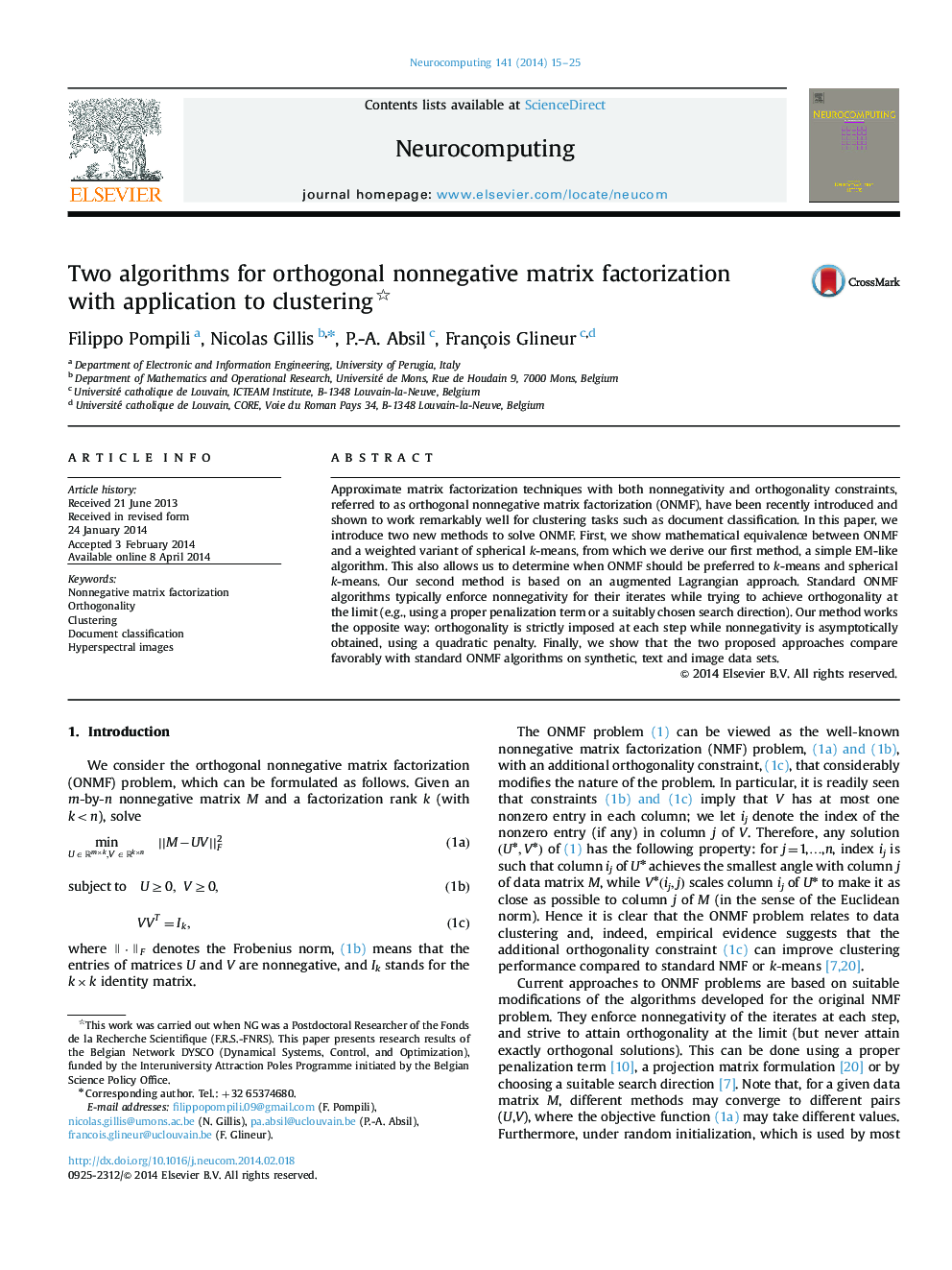 Two algorithms for orthogonal nonnegative matrix factorization with application to clustering 