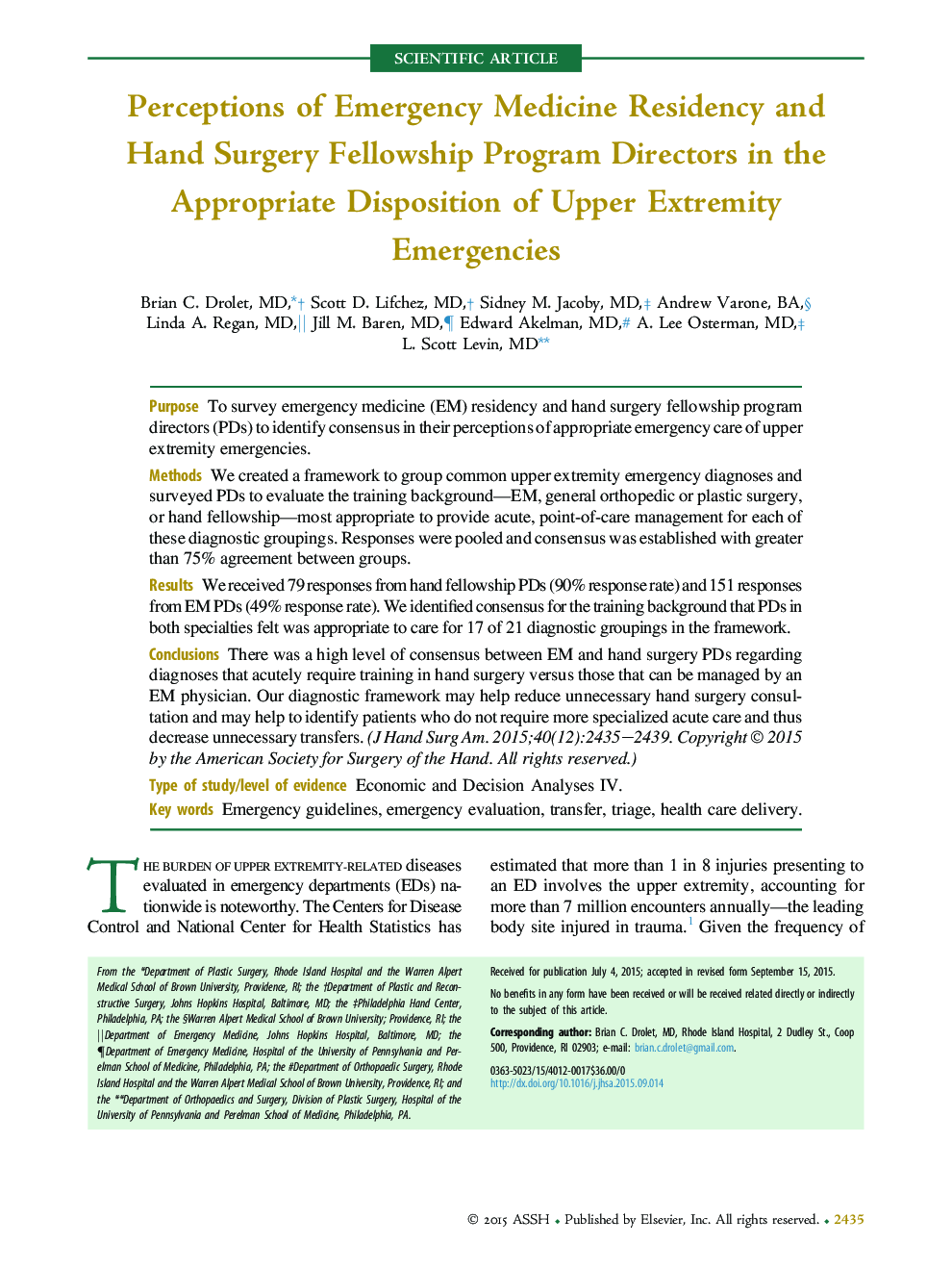 Perceptions of Emergency Medicine Residency and Hand Surgery Fellowship Program Directors in the Appropriate Disposition of Upper Extremity Emergencies 