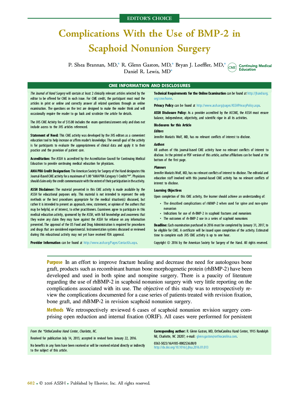 Complications With the Use of BMP-2 in Scaphoid Nonunion Surgery 