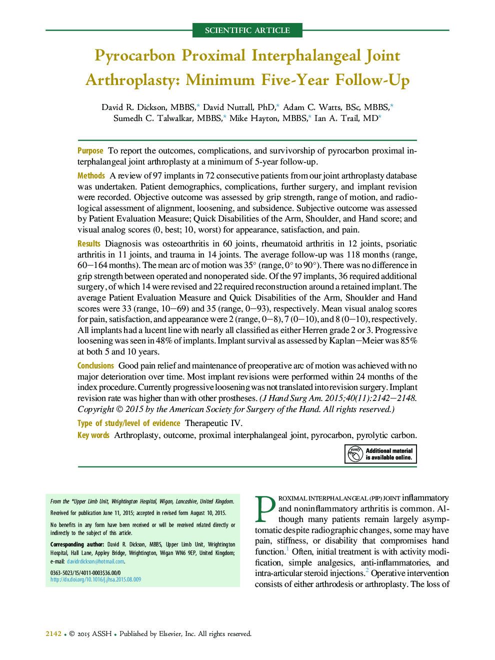 Pyrocarbon Proximal Interphalangeal Joint Arthroplasty: Minimum Five-Year Follow-Up