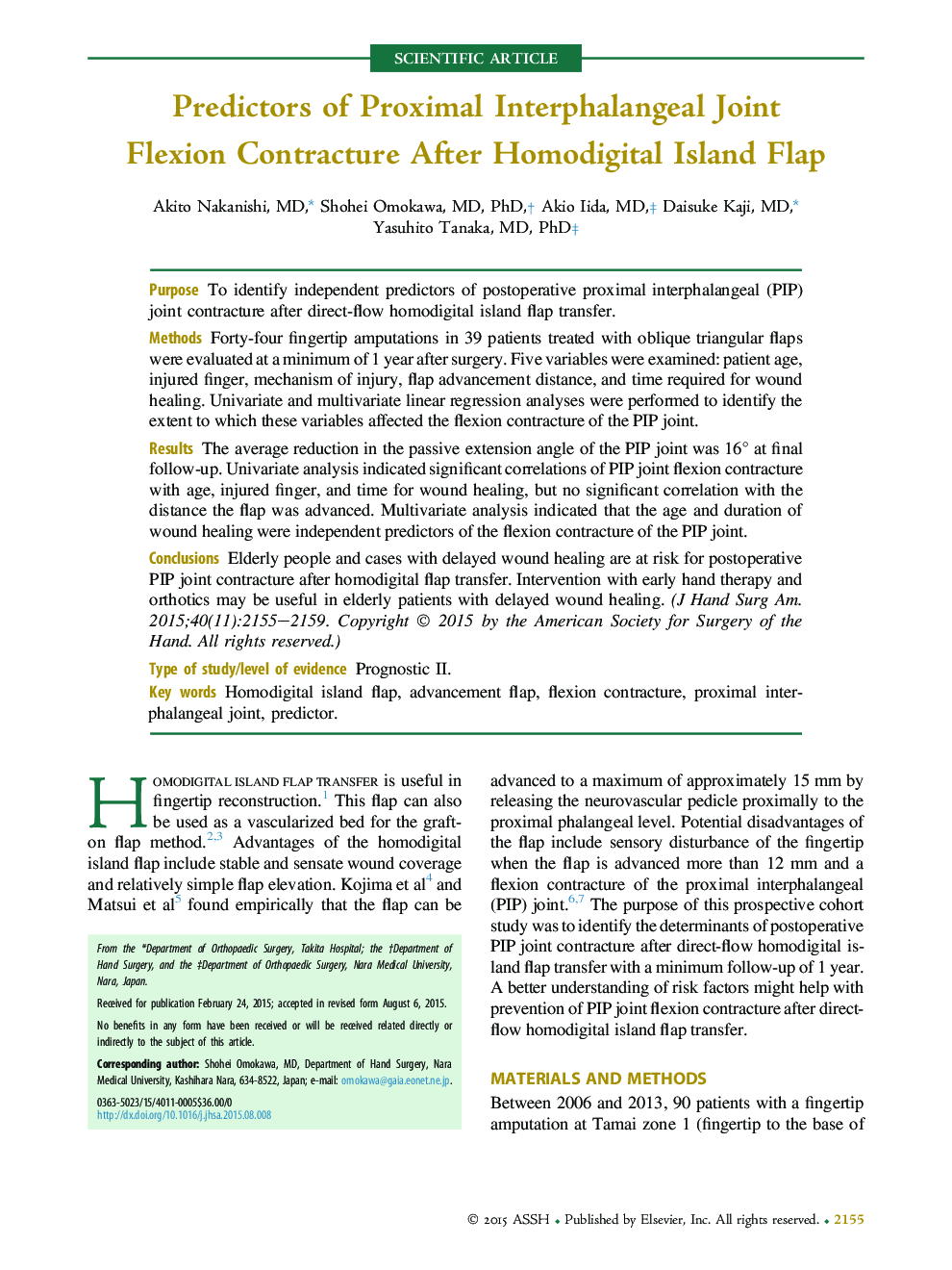 Predictors of Proximal Interphalangeal Joint Flexion Contracture After Homodigital Island Flap 