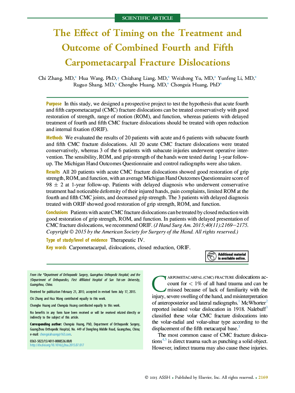 The Effect of Timing on the Treatment and Outcome of Combined Fourth and Fifth Carpometacarpal Fracture Dislocations