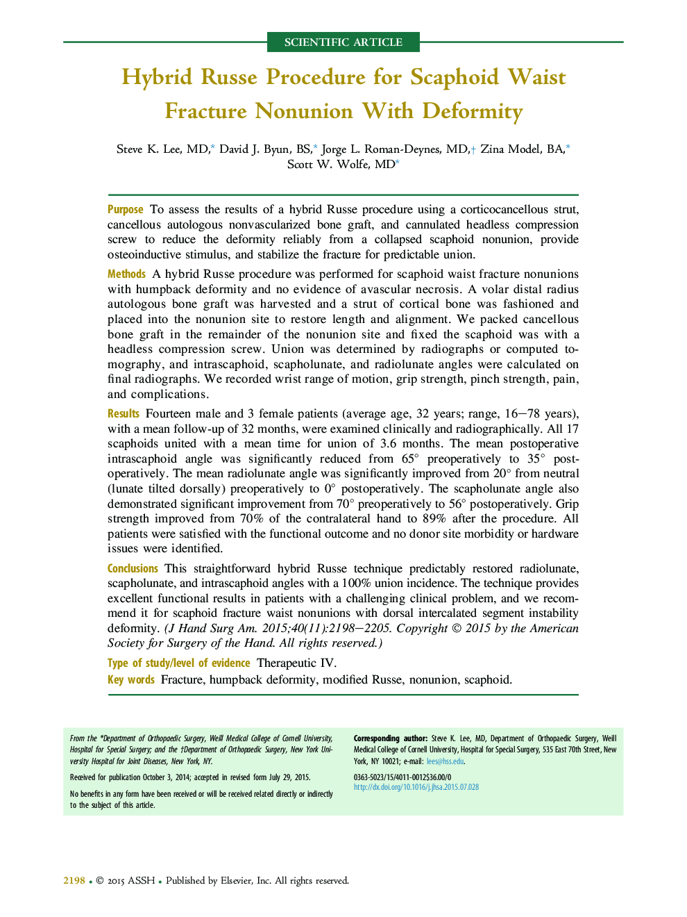 Hybrid Russe Procedure for Scaphoid Waist Fracture Nonunion With Deformity 