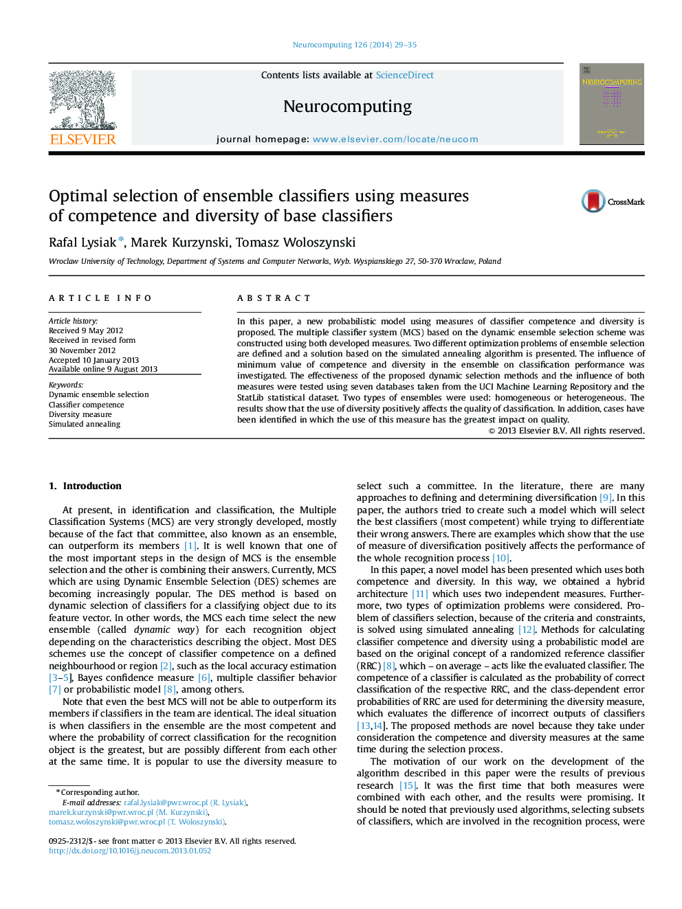 Optimal selection of ensemble classifiers using measures of competence and diversity of base classifiers