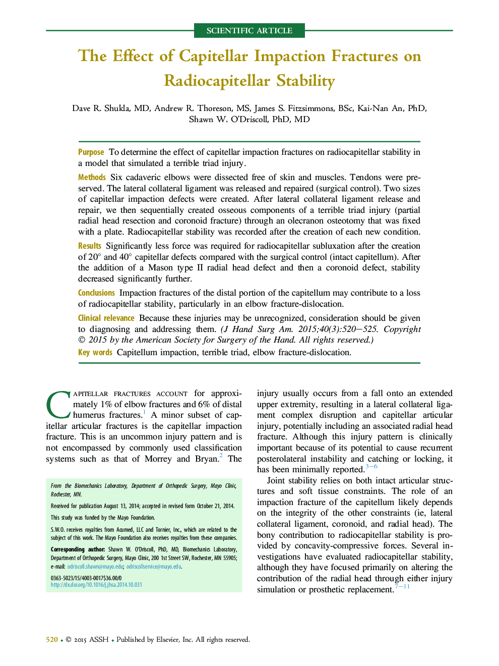 The Effect of Capitellar Impaction Fractures on Radiocapitellar Stability 