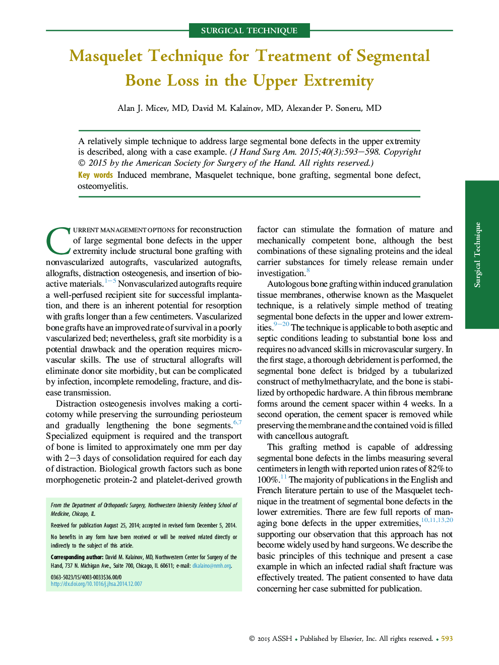 Masquelet Technique for Treatment of Segmental Bone Loss in the Upper Extremity 