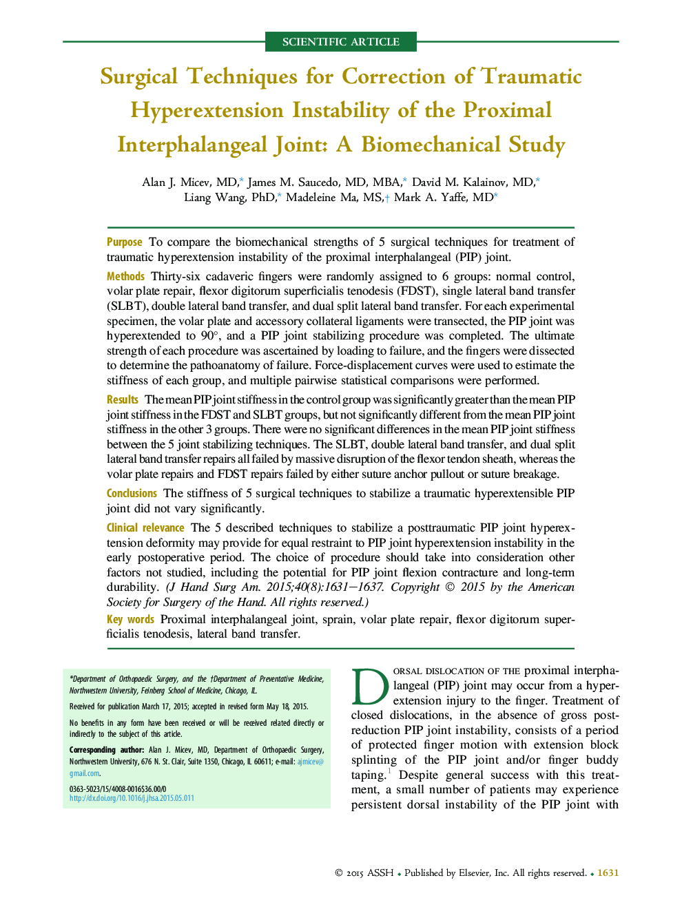 Surgical Techniques for Correction of Traumatic Hyperextension Instability of the Proximal Interphalangeal Joint: A Biomechanical Study 