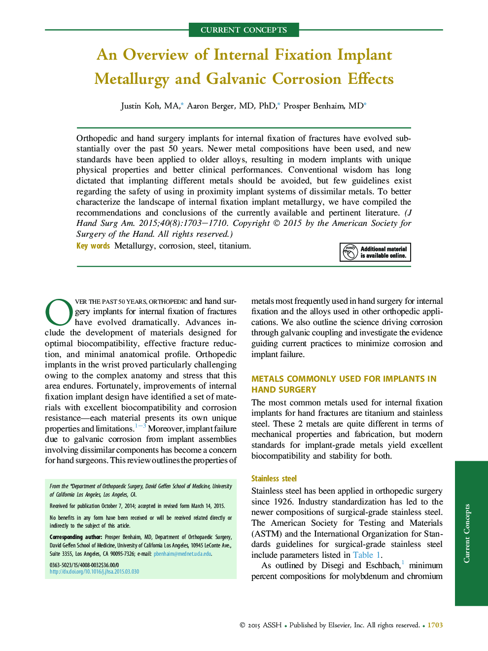 An Overview of Internal Fixation Implant Metallurgy and Galvanic Corrosion Effects