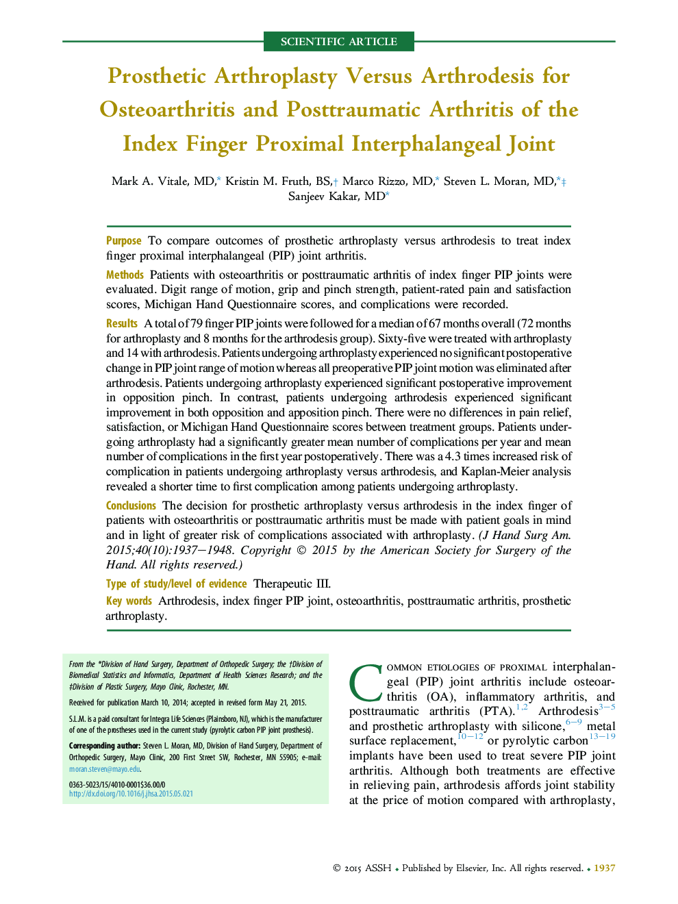 Prosthetic Arthroplasty Versus Arthrodesis for Osteoarthritis and Posttraumatic Arthritis of the Index Finger Proximal Interphalangeal Joint 