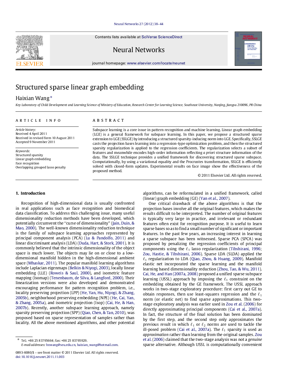 Structured sparse linear graph embedding