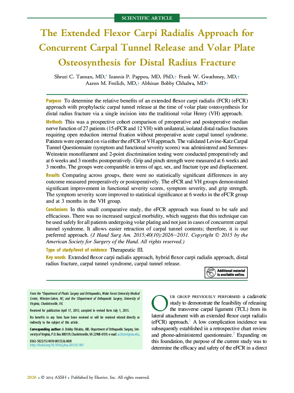 The Extended Flexor Carpi Radialis Approach for Concurrent Carpal Tunnel Release and Volar Plate Osteosynthesis for Distal Radius Fracture