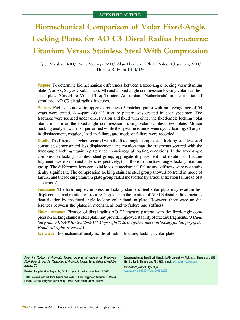 Biomechanical Comparison of Volar Fixed-Angle Locking Plates for AO C3 Distal Radius Fractures: Titanium Versus Stainless Steel With Compression 